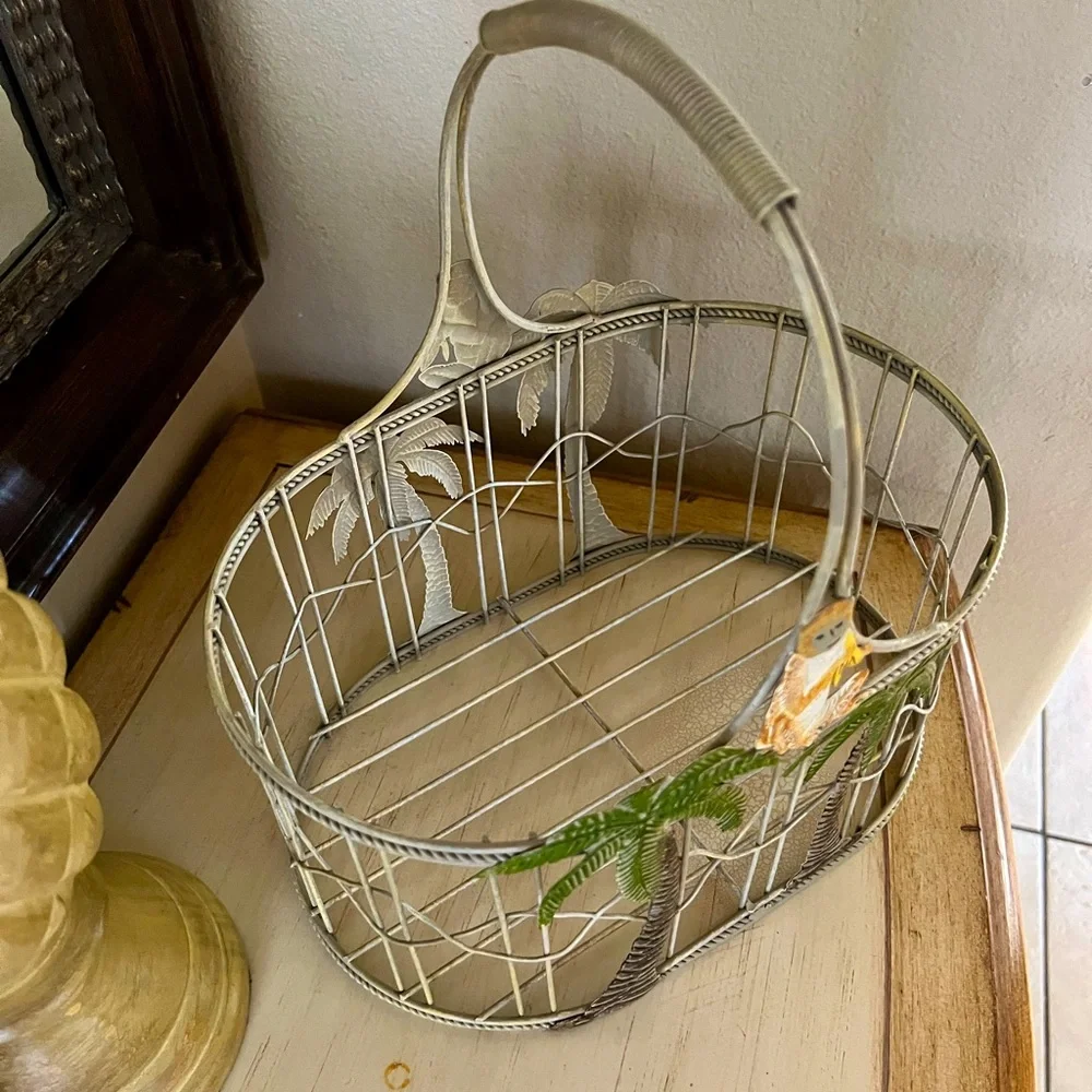 Large Tropical Palm Tree Wire Basket with Monkey Accent